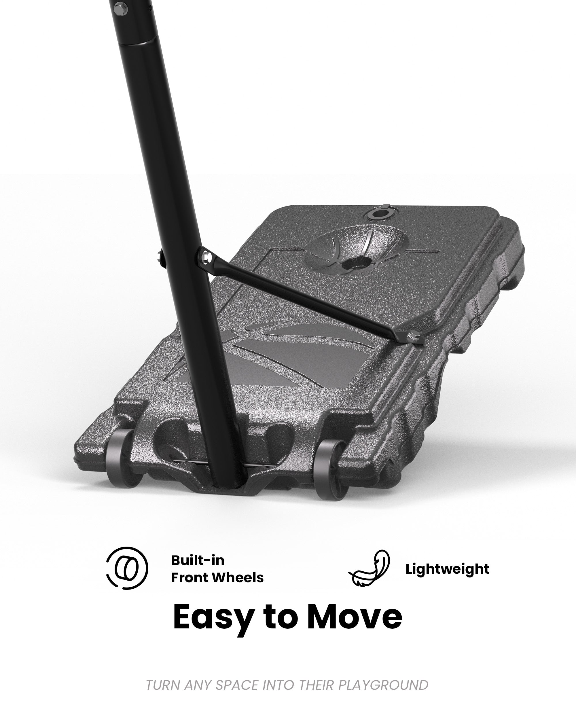 Easy mobility lightweight portable basketball hoop with front wheels, perfect for quick court setup in urban driveways.