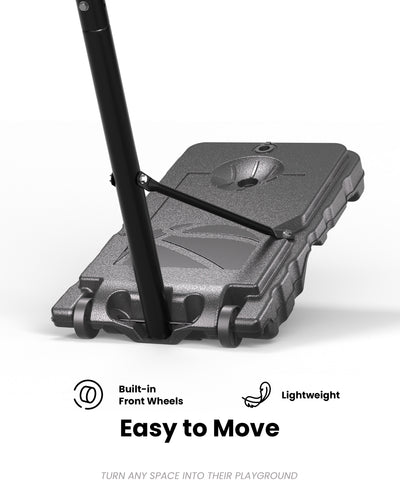 Easy mobility lightweight portable basketball hoop with front wheels, perfect for quick court setup in urban driveways.