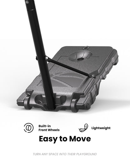 Easy mobility lightweight portable basketball hoop with front wheels, perfect for quick court setup in urban driveways.
