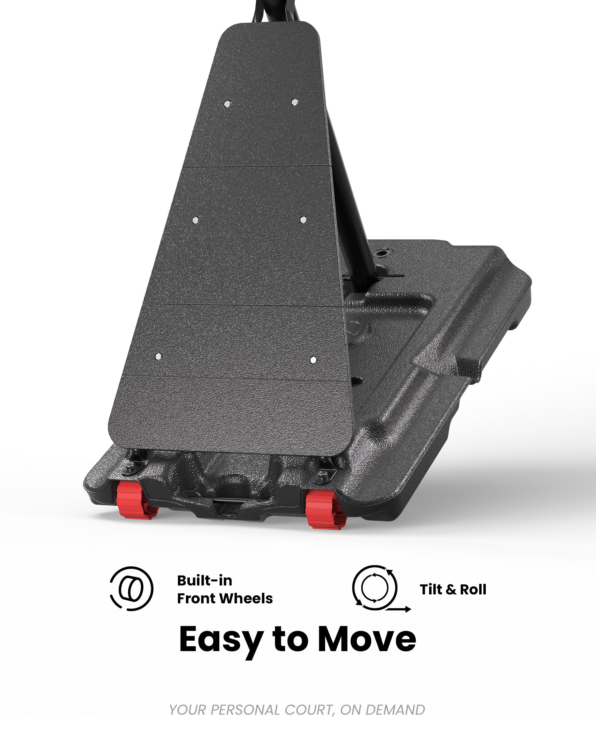 Easy mobility portable basketball hoop with built-in front wheels, perfect for quick court setup in urban driveways.