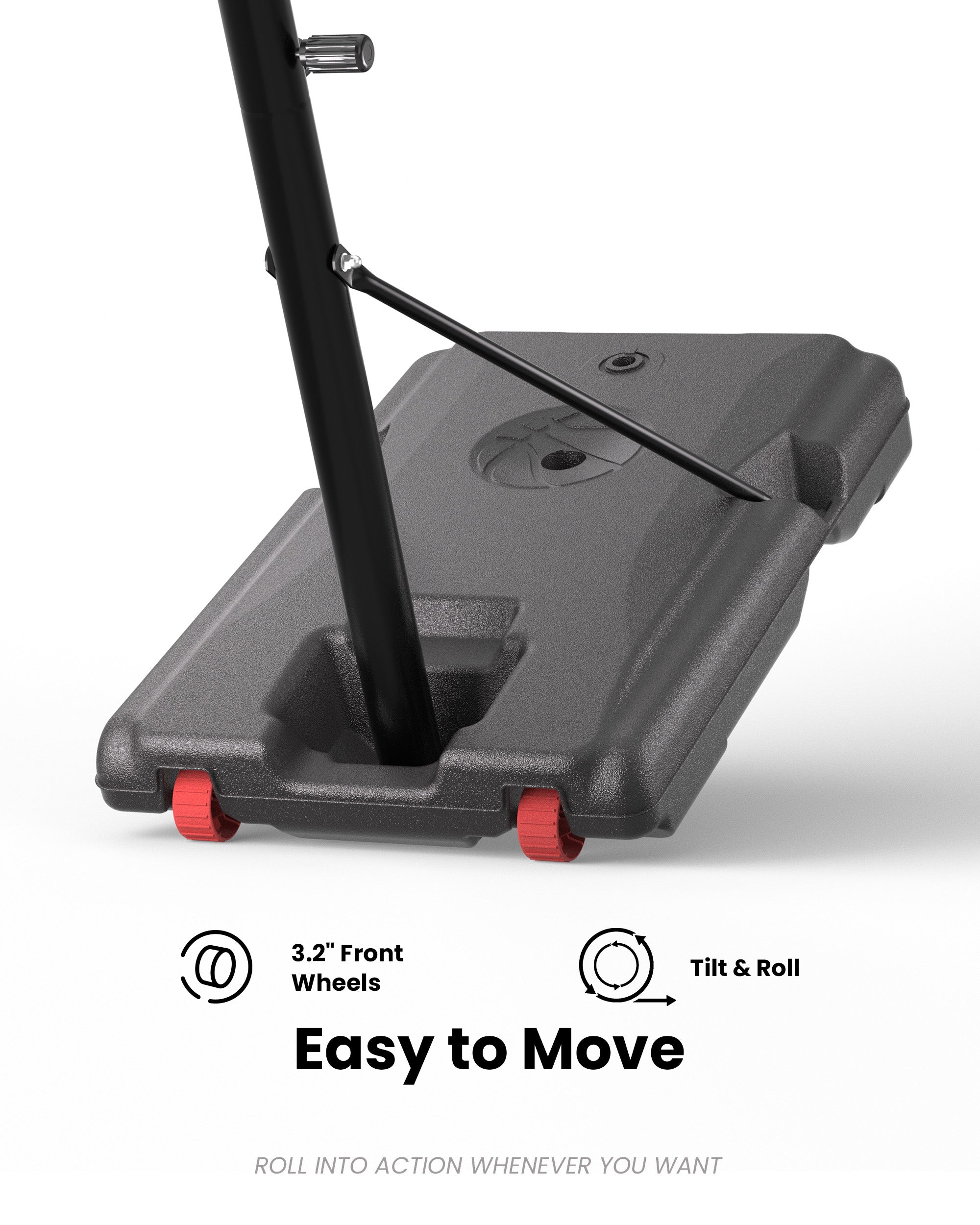 Easy to move portable basketball hoop with 3.2 inch front wheels, perfect for quick setup in urban driveways.