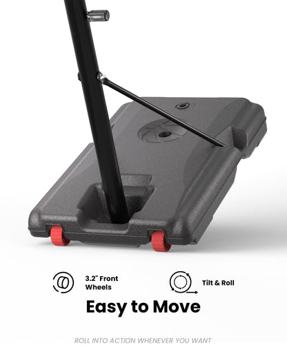 Easy to move portable basketball hoop with 3.2 inch front wheels, perfect for quick setup in urban driveways.