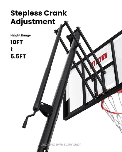 Easy hand-crank height adjustable basketball goal from 5.5 to 10 feet, ideal for growing families and local neighborhood courts.