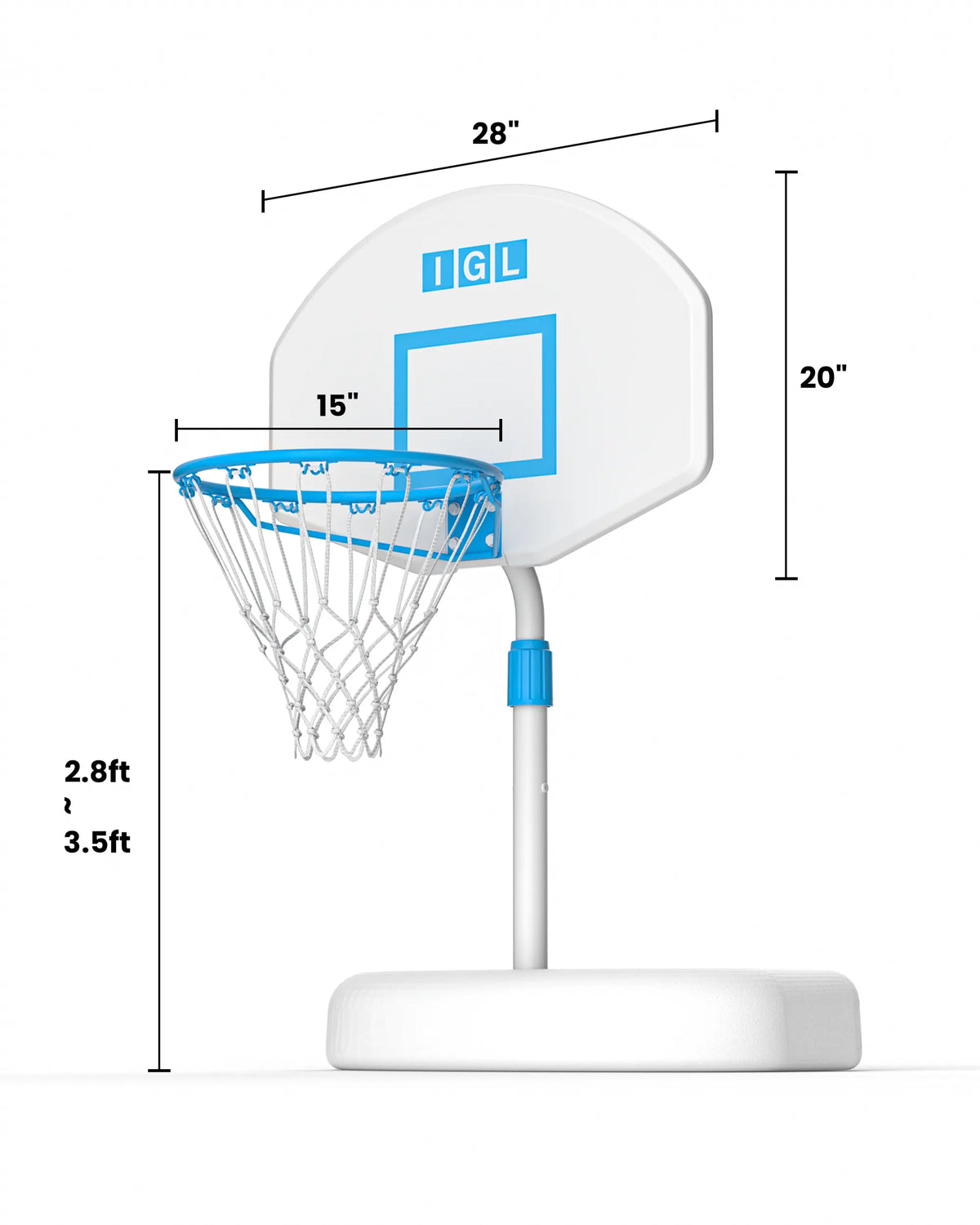 Detailed dimensions for the IGL 28GLY7 kids poolside basketball hoop, ensuring a perfect fit for shallow water swimming pools.