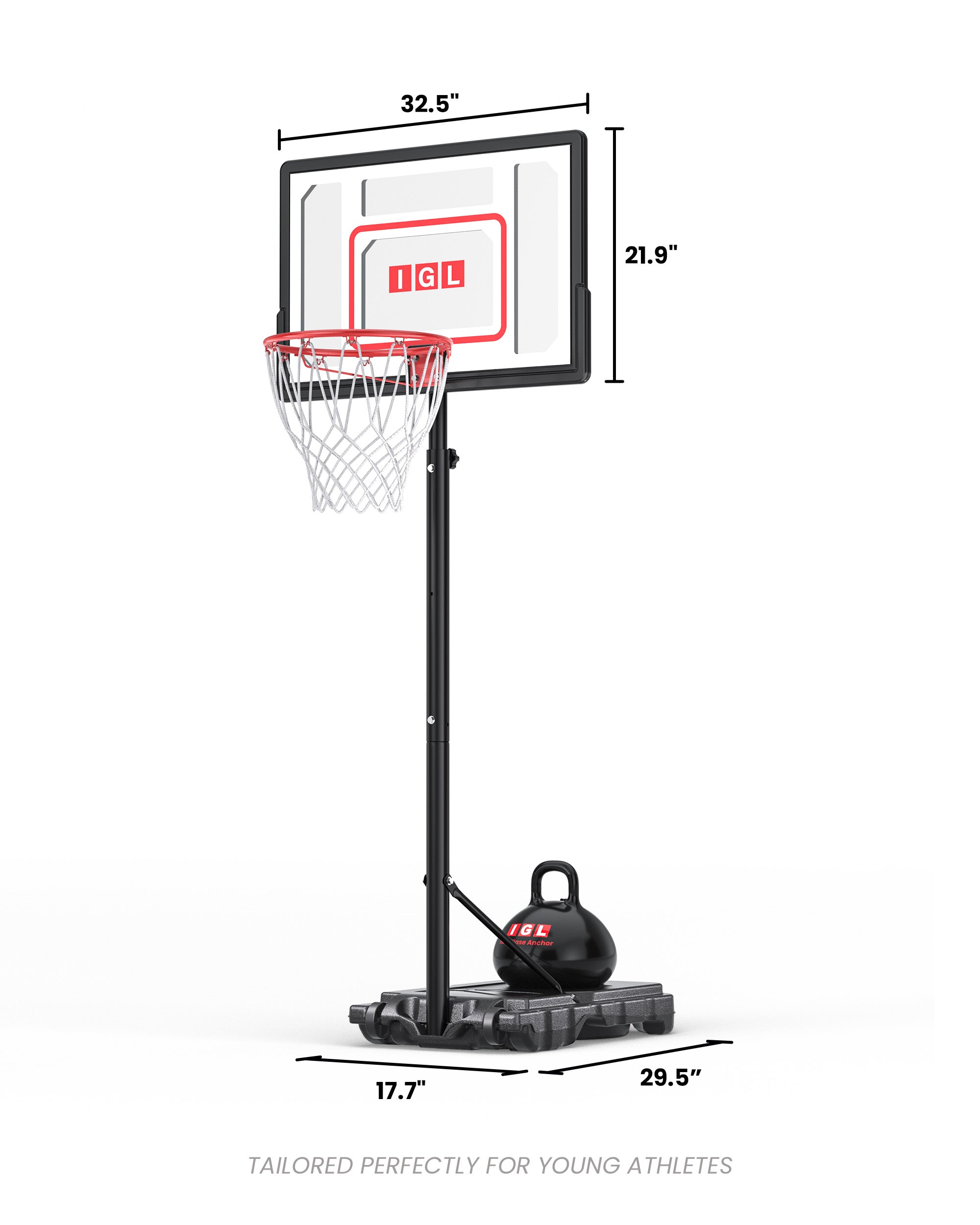 etailed dimensions for the IGL 33GLT2-R kids basketball hoop, ensuring a perfect fit for urban and suburban lot sizes.