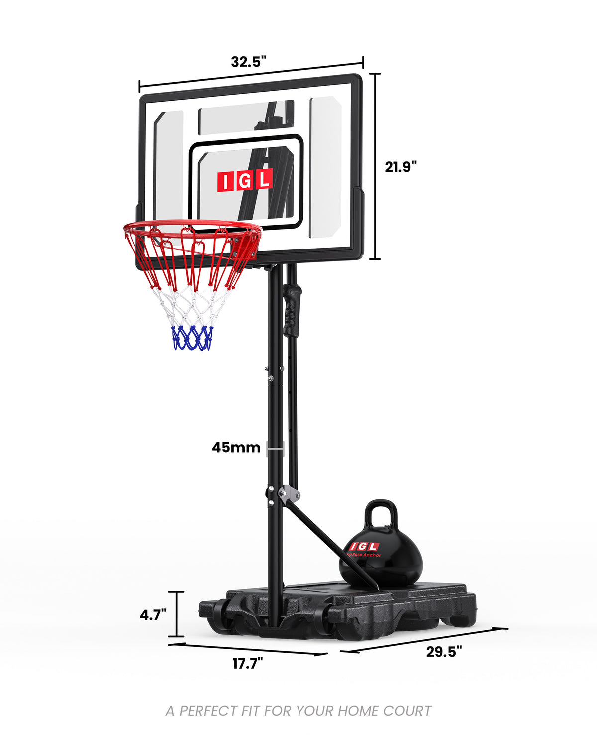 Detailed dimensions for the IGL 33GLZ2 basketball hoop, ensuring a perfect fit for urban and suburban spaces.
