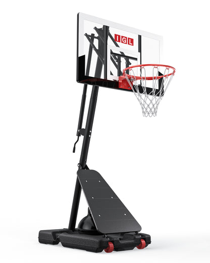 IGL 40 inch adjustable portable basketball hoop, White backboard, studio shot on white background.