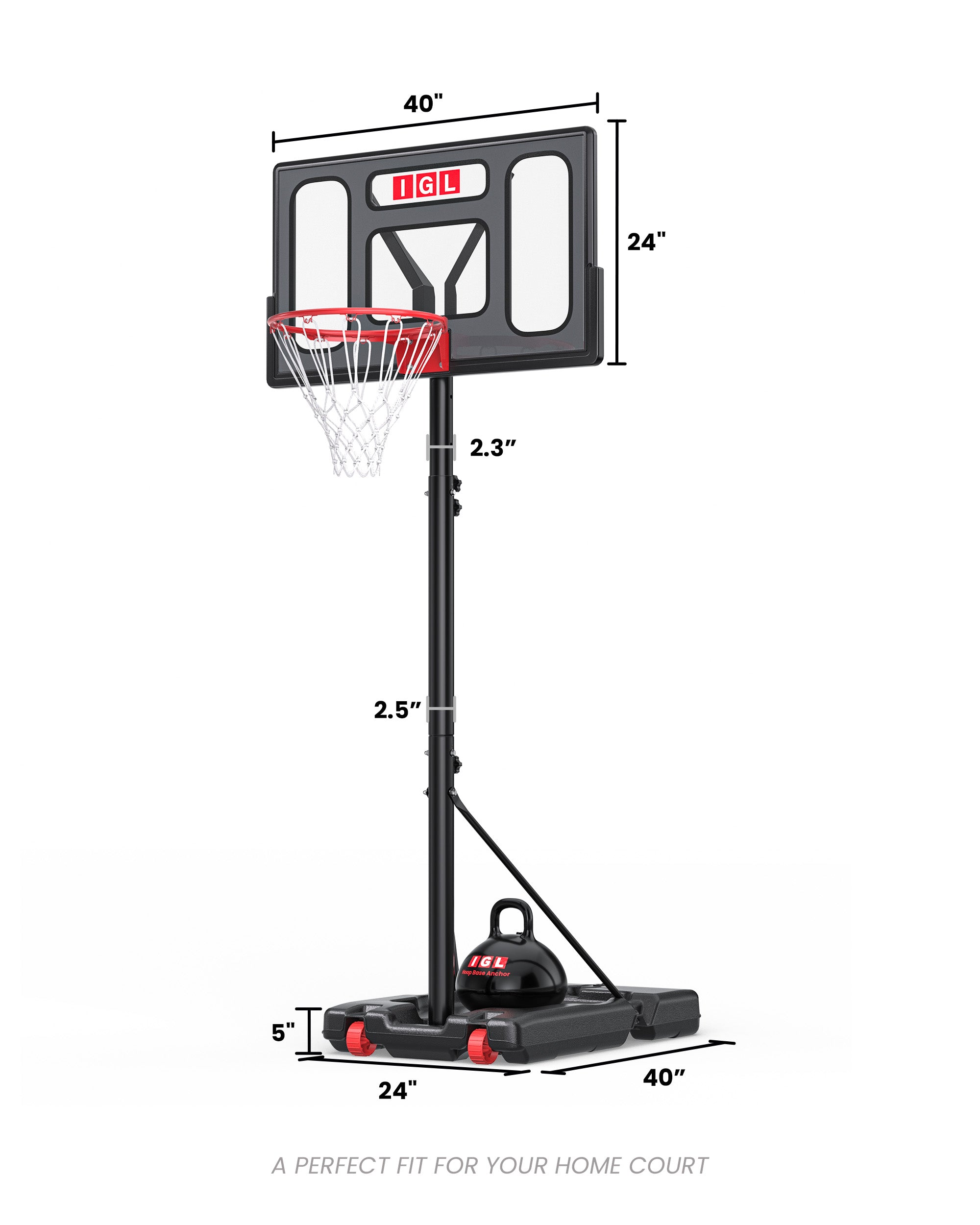 Detailed dimensions for the IGL 40GLT4-G basketball hoop, ensuring a perfect fit for urban and suburban lot sizes.