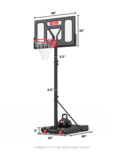 Detailed dimensions for the IGL 40GLT4-G basketball hoop, ensuring a perfect fit for urban and suburban lot sizes.