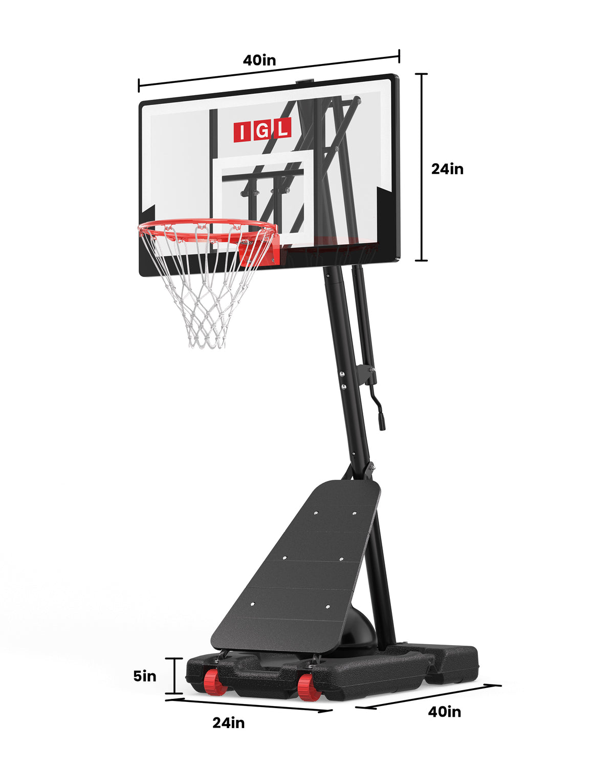 Detailed dimensions for the IGL 40GLX3T basketball hoop, ensuring a perfect fit for urban and suburban lot sizes across the country.