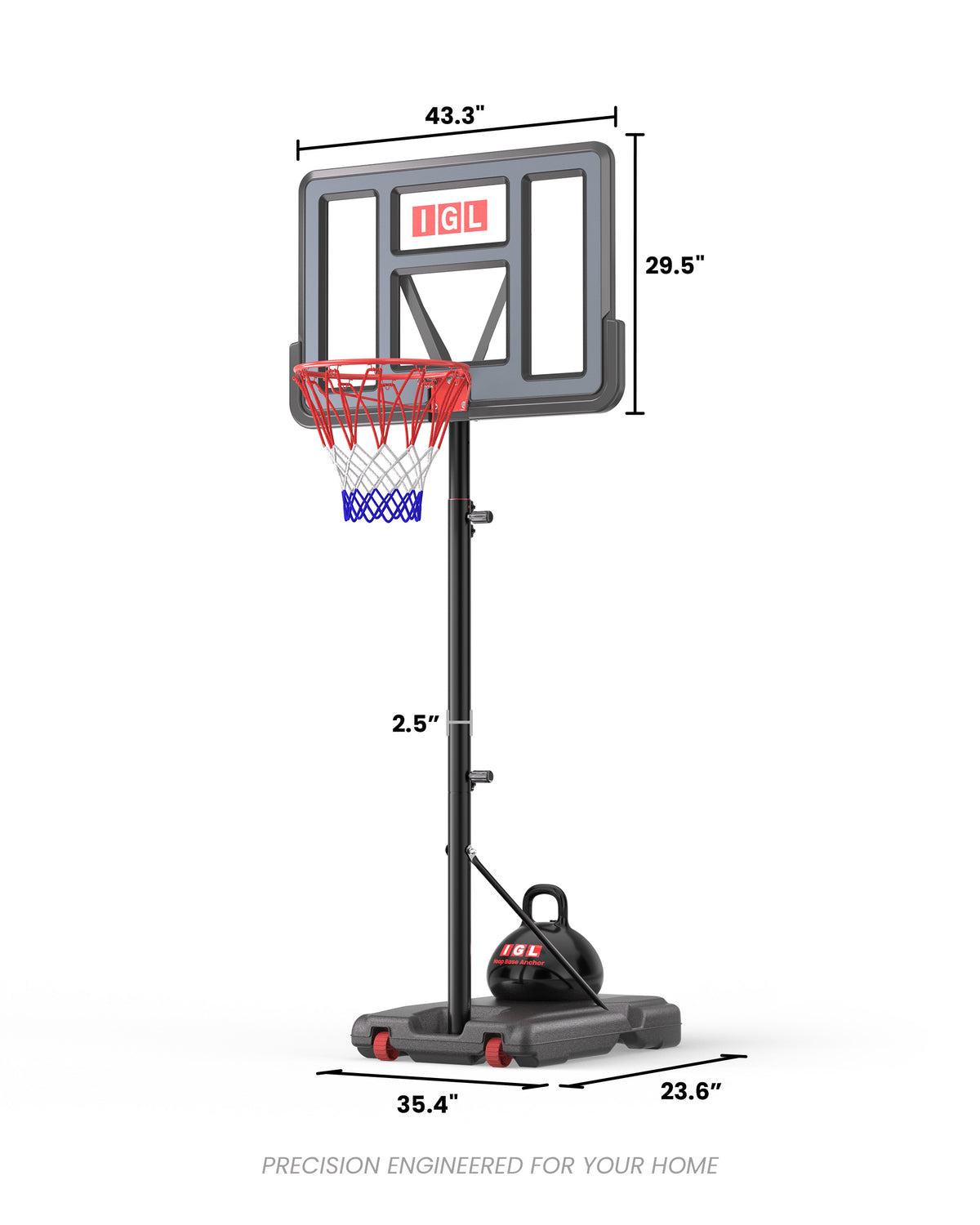 Detailed dimensions for the IGL 44GLT4-G basketball hoop, ensuring a perfect fit for urban and suburban lot sizes.