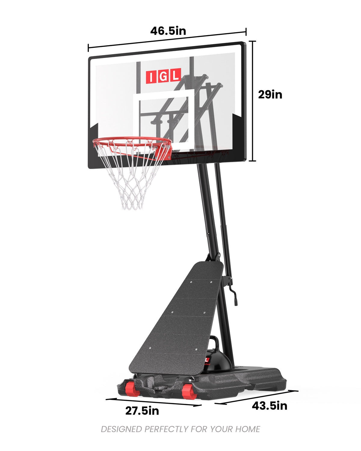 Detailed dimensions for the IGL 48GLX1T-B basketball hoop, ensuring a perfect fit for urban and suburban lot sizes.