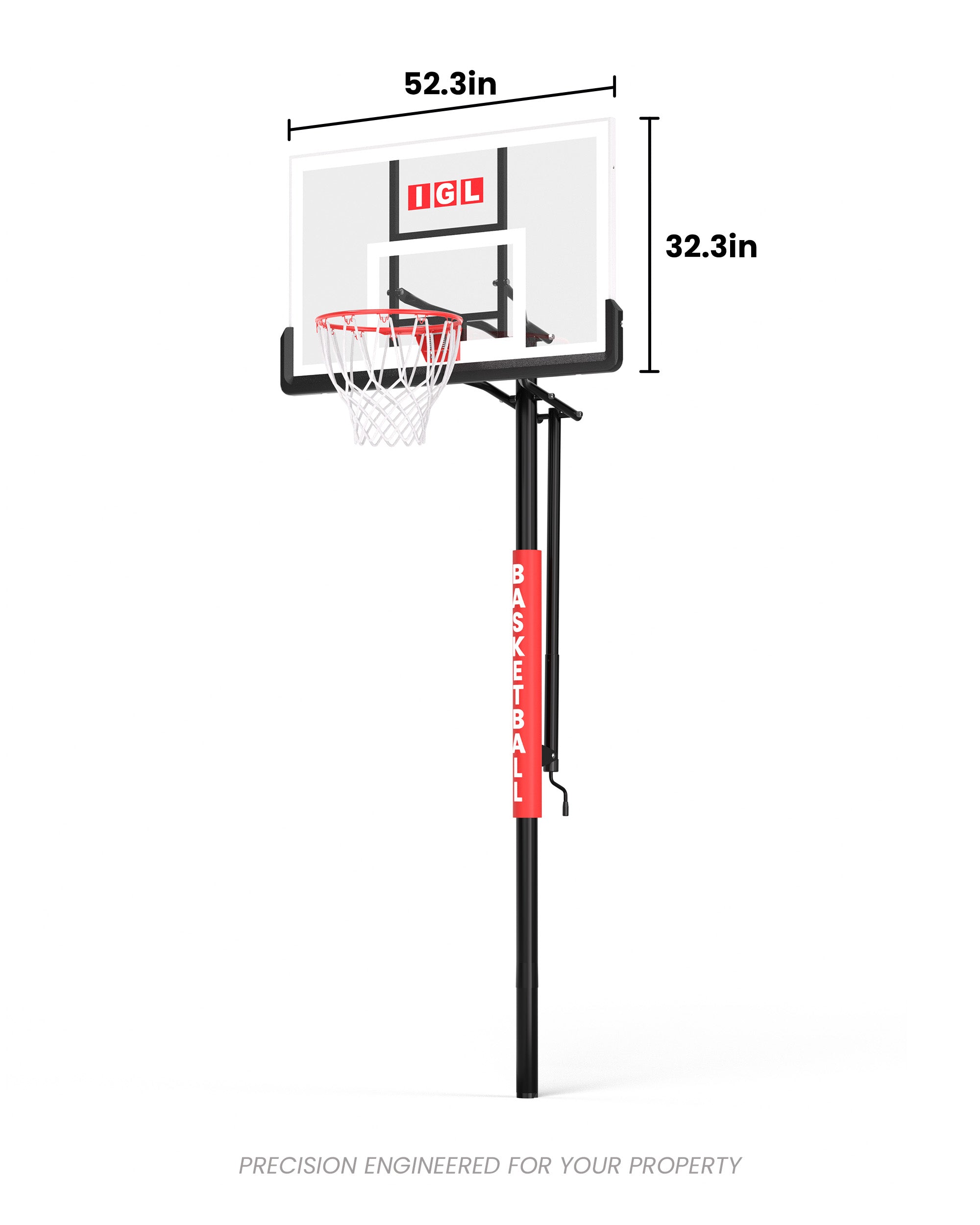 Detailed dimensions for the IGL 52GLG1 in-ground basketball hoop, ensuring a perfect fit for permanent concrete installation.