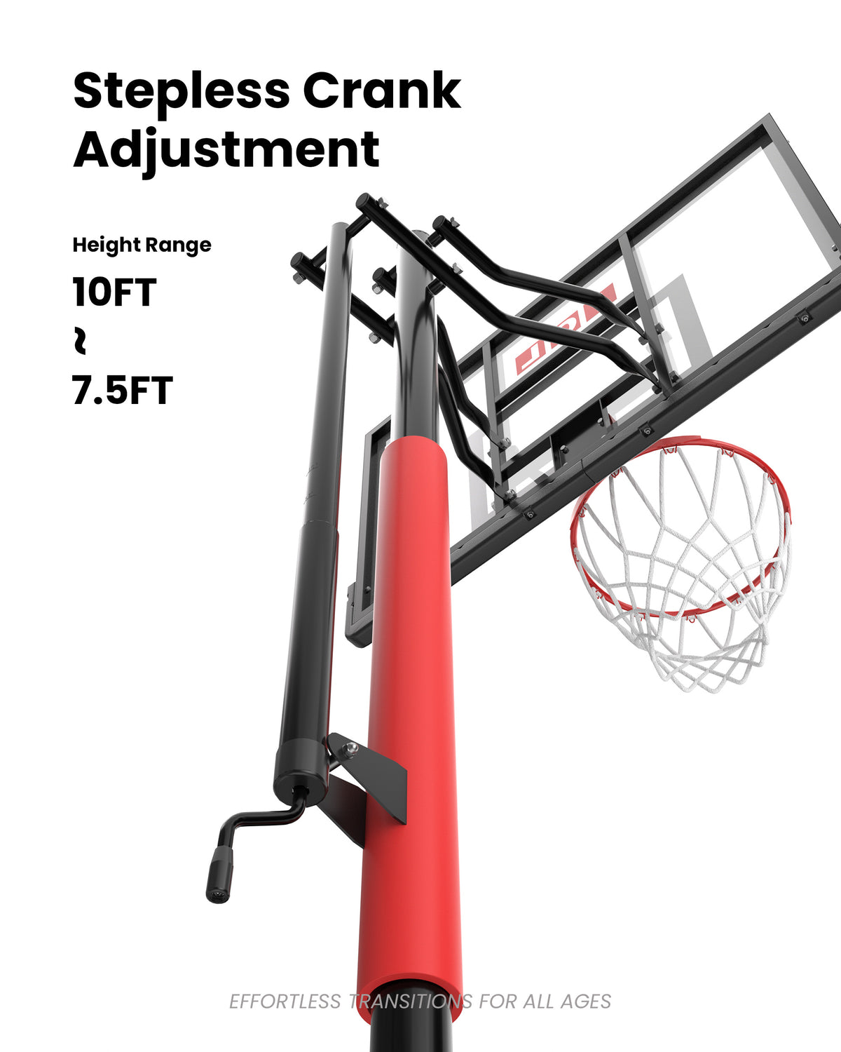 Effortless hand-crank height adjustable in-ground basketball goal from 7.5 to 10 feet, ideal for teens and adults.