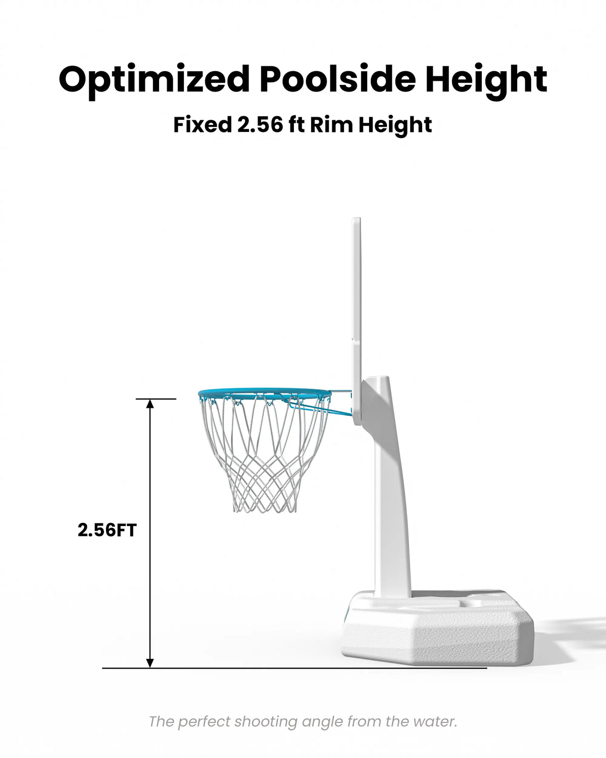 Fixed 2.56 ft rim height is ergonomically optimized for youth shooting basketballs from inside the swimming pool.