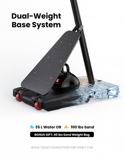 Stable portable hoop base holds 35L water or 100lbs sand, plus a bonus weight bag for high-wind coastal areas and open driveways.