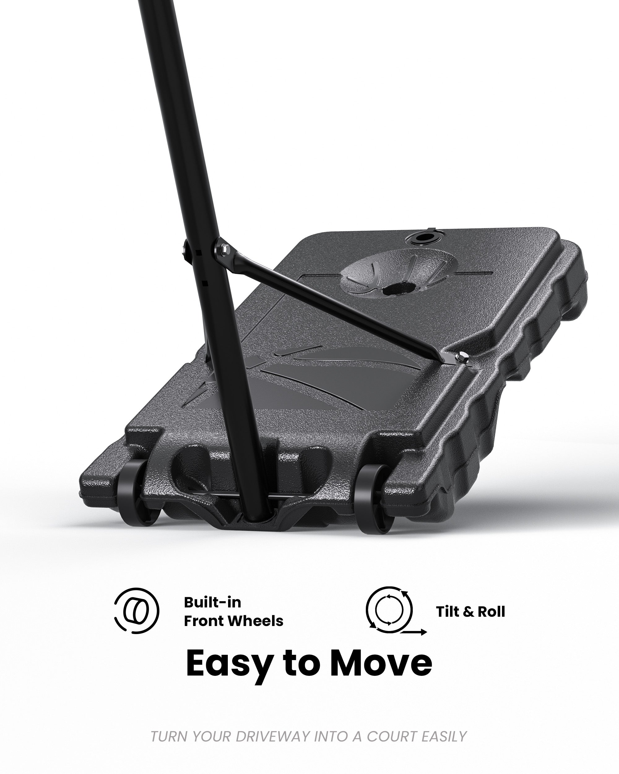 Easy to move portable basketball hoop with built-in front wheels, perfect for quick setup in home driveways.