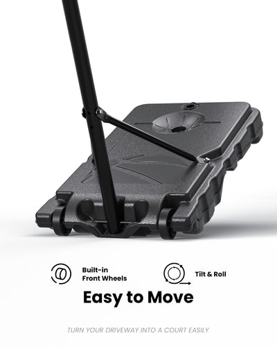 Easy to move portable basketball hoop with built-in front wheels, perfect for quick setup in home driveways.