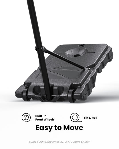 Easy to move portable basketball hoop with built-in front wheels, perfect for quick setup in home driveways.
