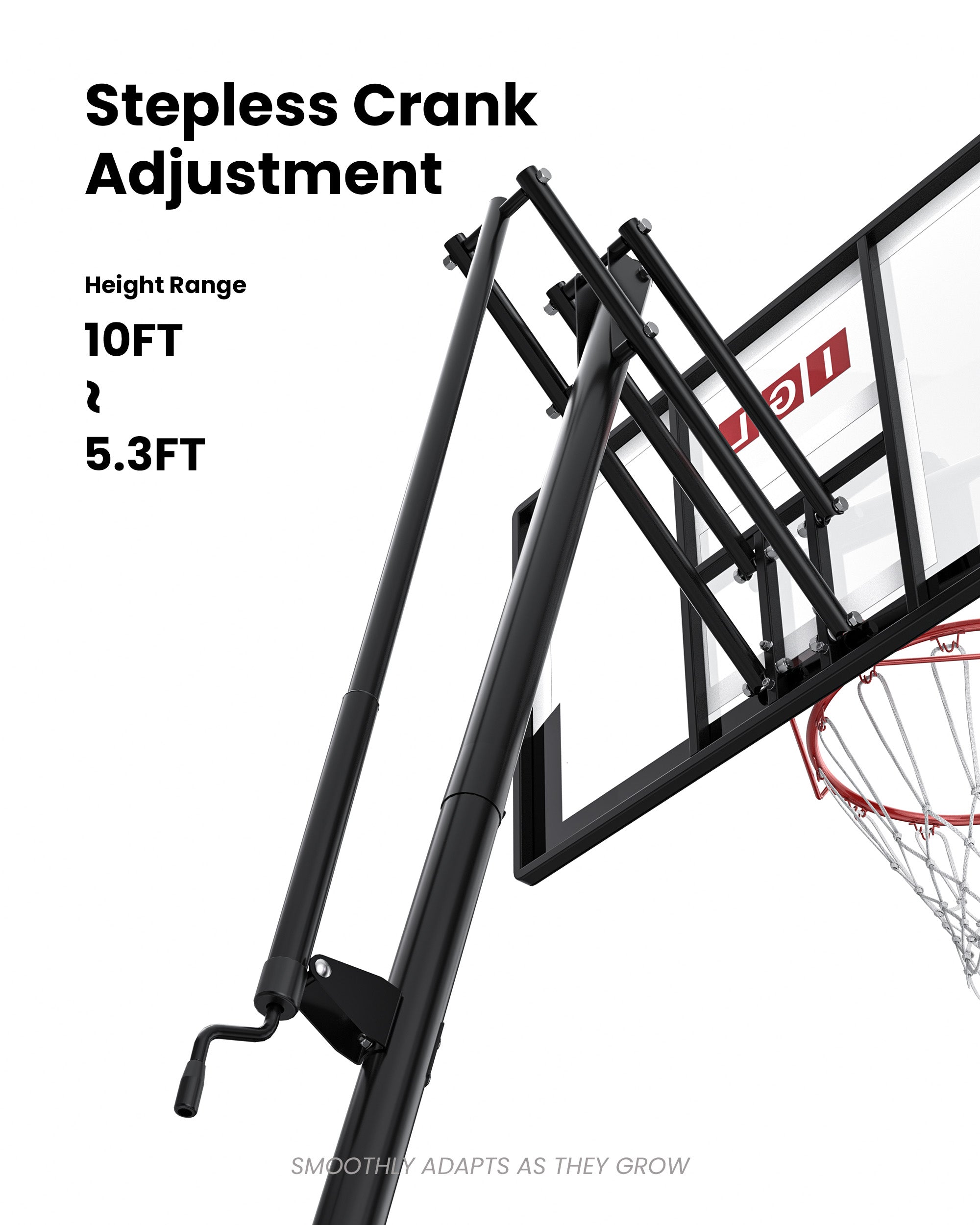 Effortless hand-crank height adjustable basketball goal from 5.3 to 10 feet, ideal for growing families in neighborhood communities.
