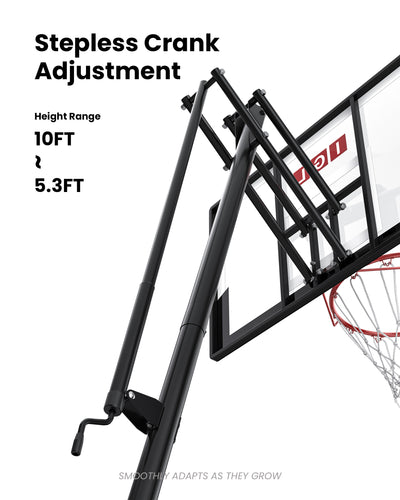 Effortless hand-crank height adjustable basketball goal from 5.3 to 10 feet, ideal for growing families in neighborhood communities.
