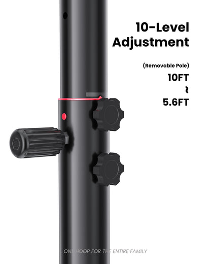 Telescoping height adjustable basketball goal from 5.6 to 10 feet with 10 levels, ideal for growing families in neighborhood communities.
