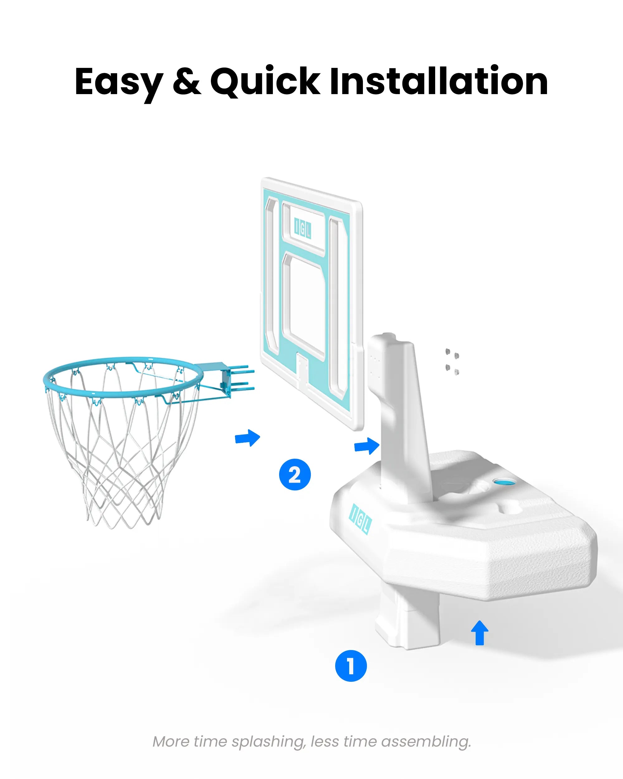 Tool-free quick setup pin connection allows for fast assembly of the compact water basketball hoop on your pool deck.